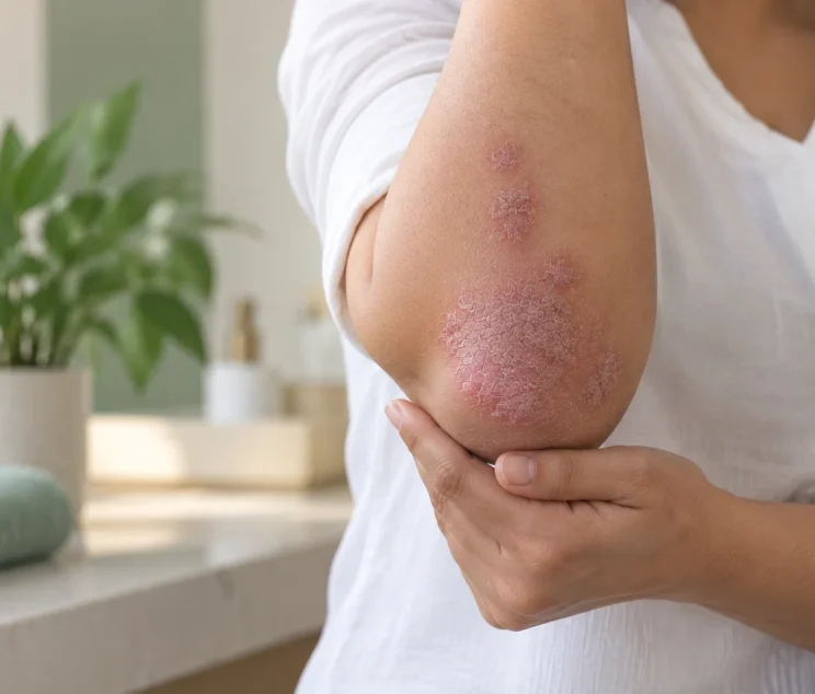 Close-up of an adult elbow with red, scaly psoriasis patches