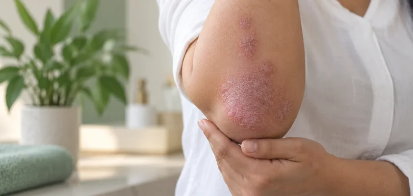 Close-up of an adult elbow with red, scaly psoriasis patches