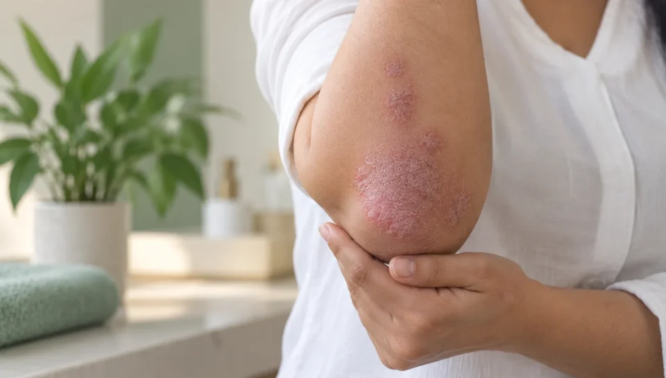 Close-up of an adult elbow with red, scaly psoriasis patches