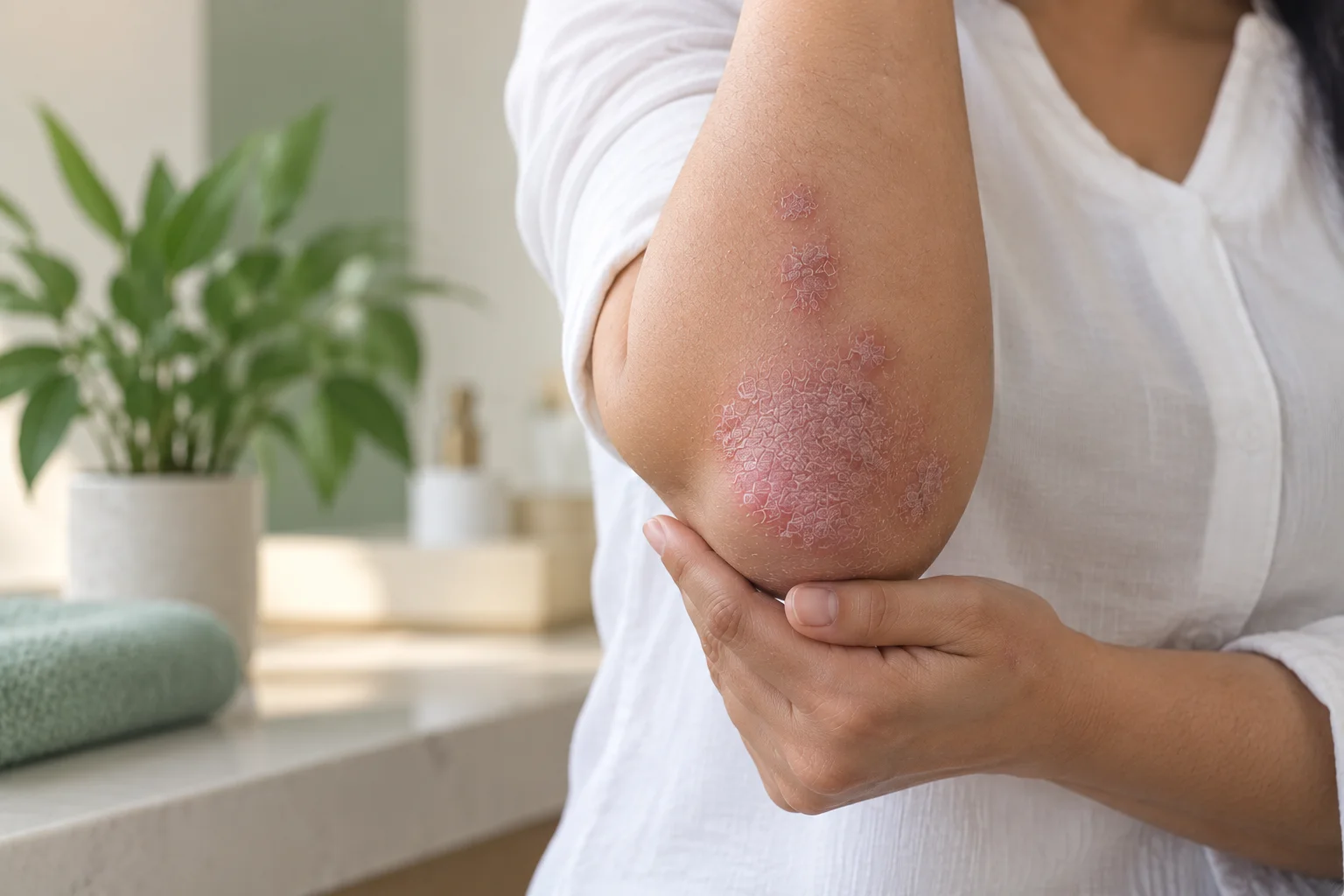 Close-up of an adult elbow with red, scaly psoriasis patches